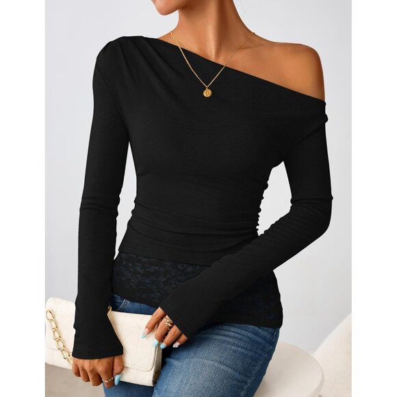 Women Black Long Sleeve Off Shoulder Tops Casual Boat Neck Lace Shirts Blouses - Picture 1 of 5